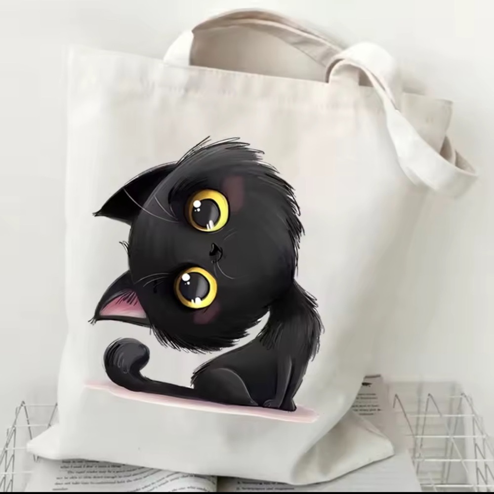 Canvas Tote Bag โ Anime Black Cat Print ๐พ - Picture 4 of 6